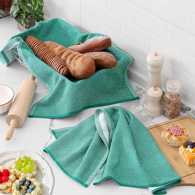 Homaxy Premium Kitchen Towels(18”x 28”, 6 Pack), Large Cotton Kitchen Hand Towels, Flat and Terry Dish Towels, 380 GSM Highly Absorbent Tea Towel Set with Hanging Loop, Green