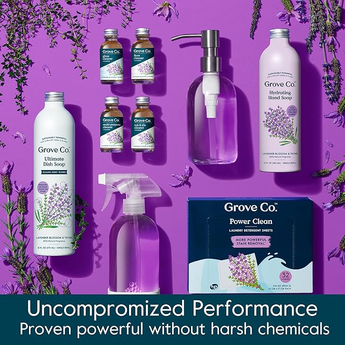 Grove Co. Tub and Tile Cleaner Refill Concentrate (2 x 1 Fl Oz) + 1 x Reusable Glass Spray Bottle (16 Oz) Plant-Based Cleaning Supplies Bundle, No Plastic Waste, Lavender & Thyme Scent