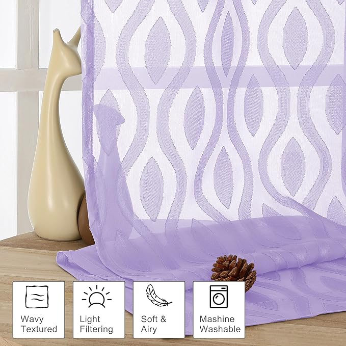Aiyufeng Sheer Curtains 45 Inch Length 2 Panels, Farmhouse Soft Airy Lightweight Clip Jacquard Textured Curtains, Chic Wavy Line Window Curtains for Bedroom Living Room, Light Purple, 40Wx45L Inches