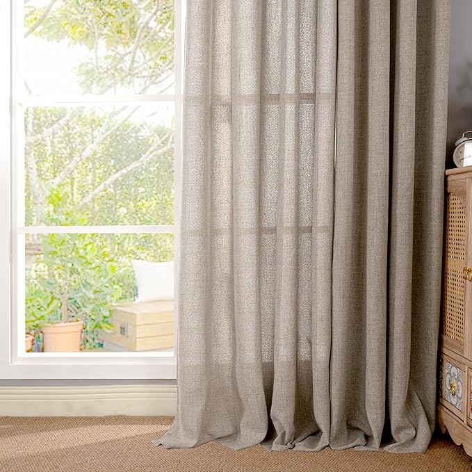 YoungsTex Dark Oatmeal Linen Curtains 63 Inch Length for Living Room, Semi Sheer Short Window Drapes Light Filtering Rod Pocket Back Tab Curtain for Bedroom, 2 Panels, 38 X 63 Inch