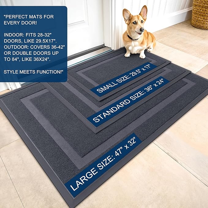 OLANLY Front Door Mat Indoor Outdoor Entrance, Waterproof All-Season, All-Weather Doormat, Sturdy Natural Rubber, Fade Resistant, Low Profile, Easy Clean Patio Porch Entryway Mat, 47x17, Light Grey