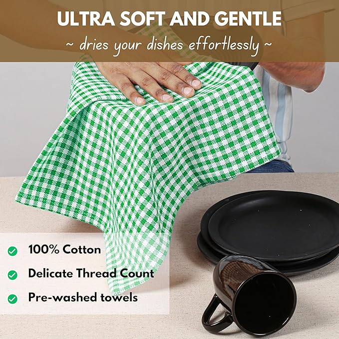 Native Fab Kitchen Dish Towels 16x26 inches Set of 4 Gingham Mini Check- 100% Cotton Dish Cloths for Washing Dishes, Absorbent Hand Towels with Hanger - Green White
