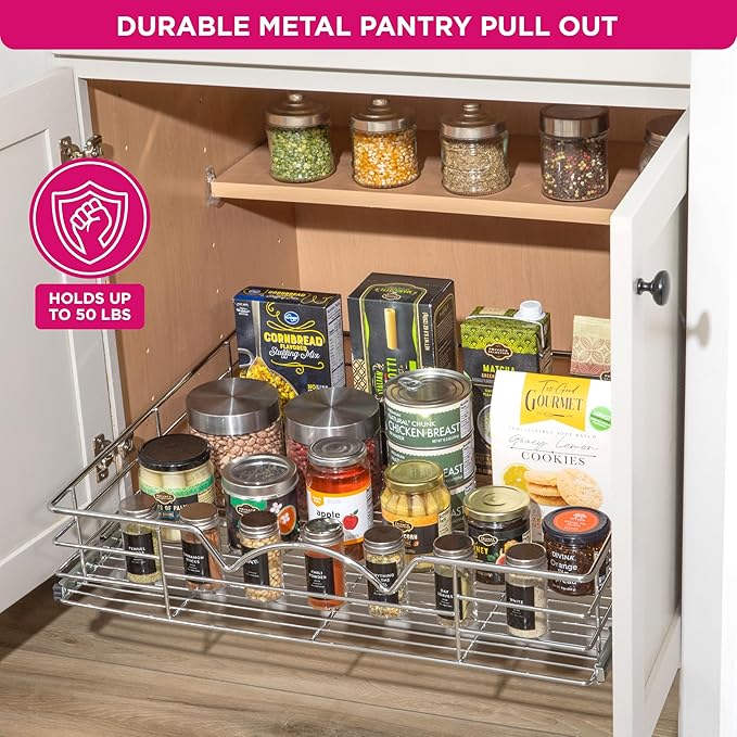 HOLDN’ STORAGE Heavy-Duty Premium Collection Pull Out Cabinet Organizer, Cabinet Drawer Slide Outs, Lifetime Limited Warranty - Basket Size 24" W x 21" D x 5" H, Anti-Rust Chrome Finish