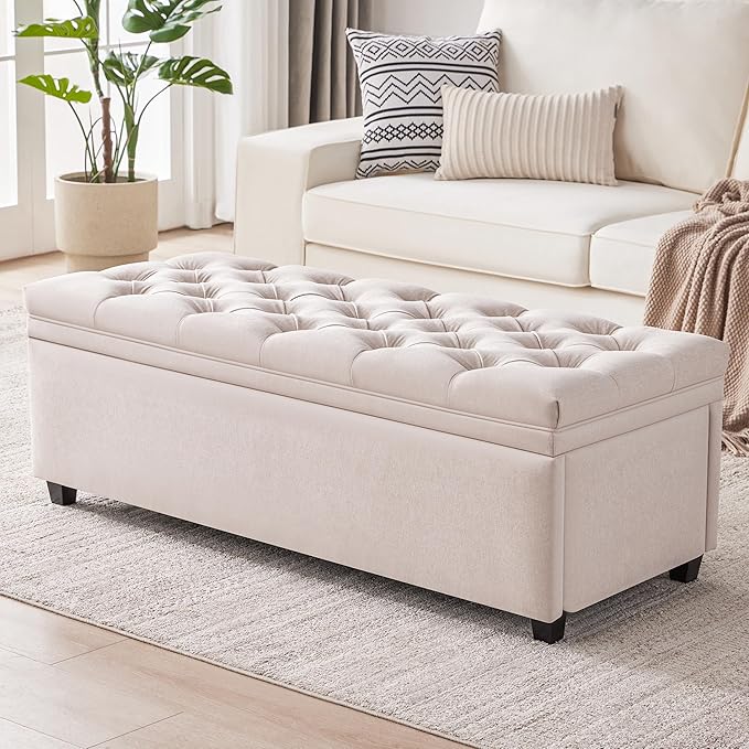 50" Storage Ottoman Bench, Tufted Ottoman with Storage for Living Room, Large End of Bed Ottomans, Modern Entryway Benchs, Window & Bedroom Benches for Foot of Bed (Beige)
