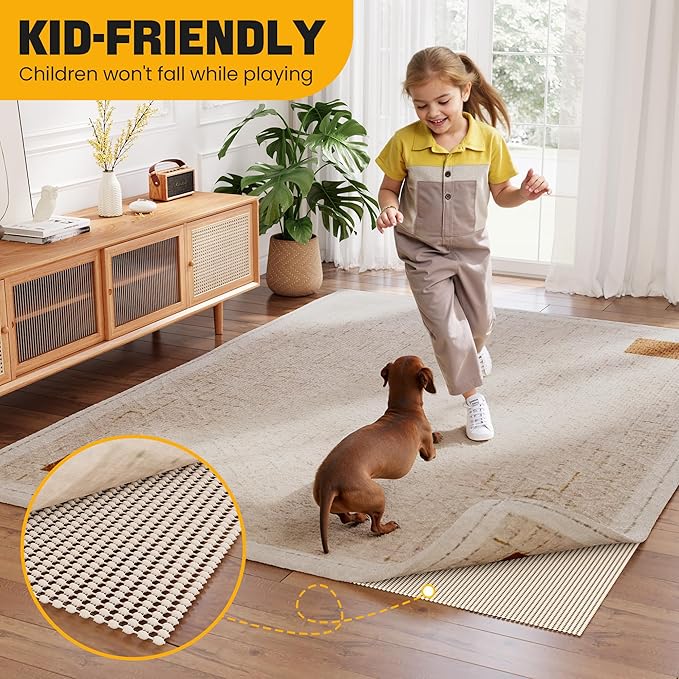 Non-Slip Rug Pad Gripper 8x11 Feet, Anti Skid Mat for Under Area Rugs, Keeps Rugs in Position and Safe, Thick Cushioned Carpet Pad for Hardwood Floors Protection