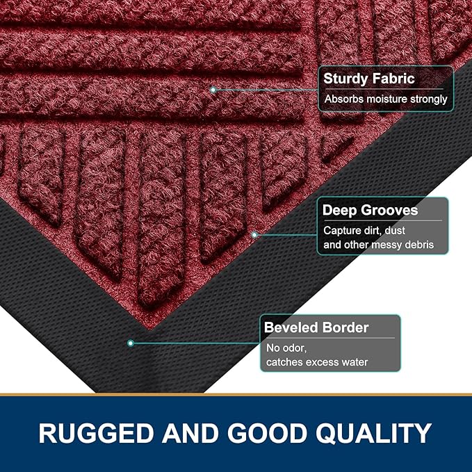Smiry Front Door Mat Outside Entrance, Heavy Duty Outdoor Indoor Natural Rubber Doormat, Non Slip, Trap Dirt and Moisture, Easy Clean, Low Profile Patio Porch Entryway Mat, 29.5x17, Wine Red