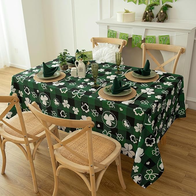 Green Gingham Shamrock Plaid Tablecloth - St. Patrick's Day Rectangular 58x102 Inch Water Resistant Table Cloth for Indoor/Outdoor Use - Holiday Table Cover for Kitchen and Parties
