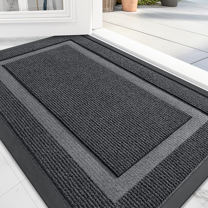 OLANLY Front Door Mat Indoor Outdoor Entrance, Waterproof All-Season, All-Weather Doormat, Sturdy Natural Rubber, Fade Resistant, Low Profile, Easy Clean Patio Porch Entryway Mat, 59x23, Grey