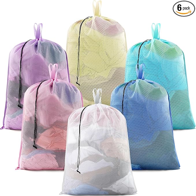6 Pack 24 x 36 Inches Colorful Mesh Laundry Bag with Handles Machine Washable Secure Drawstring Closure Large Sturdy Mesh Net Laundry for College Travel Dorm Laundromat
