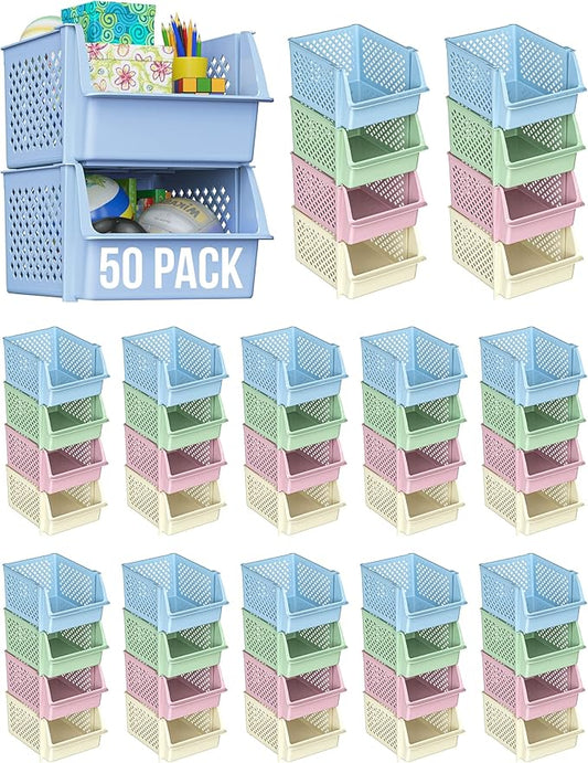 Skywin Plastic Stackable Storage Bins for Pantry - Stackable Bins For Organizing Food, Kitchen, and Bathroom Essentials (Multi - 50 Pack)