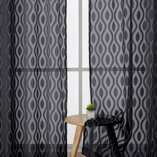 Aiyufeng Sheer Black Curtains 84 Inches Long 2 Panels, Solid Airy Light Filtering Clip Jacquard Window Treatments for Bedroom Living Room, Modern Wavy Line Rod Pocket Curtains, Total 80 inches Width