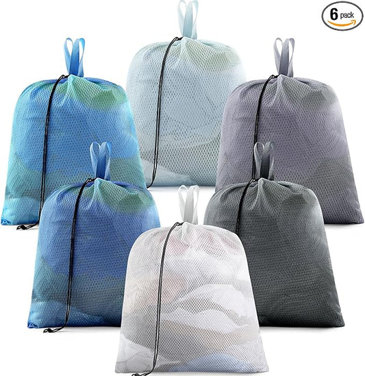 6 Pack 20 x 17 Inches Blue Mesh Laundry Bag with Handles Machine Washable Secure Drawstring Closure Large Sturdy Mesh Net Laundry for College Travel Dorm Laundromat