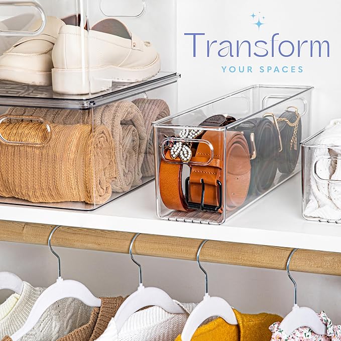 Plastic Food Storage 4 Pack Clear Container Bin with Handles for Organizing Kitchen, Pantry, Refrigerator, Freezer, Pantry, Cabinet, Closet, Bathroom. 14”x4”x5”