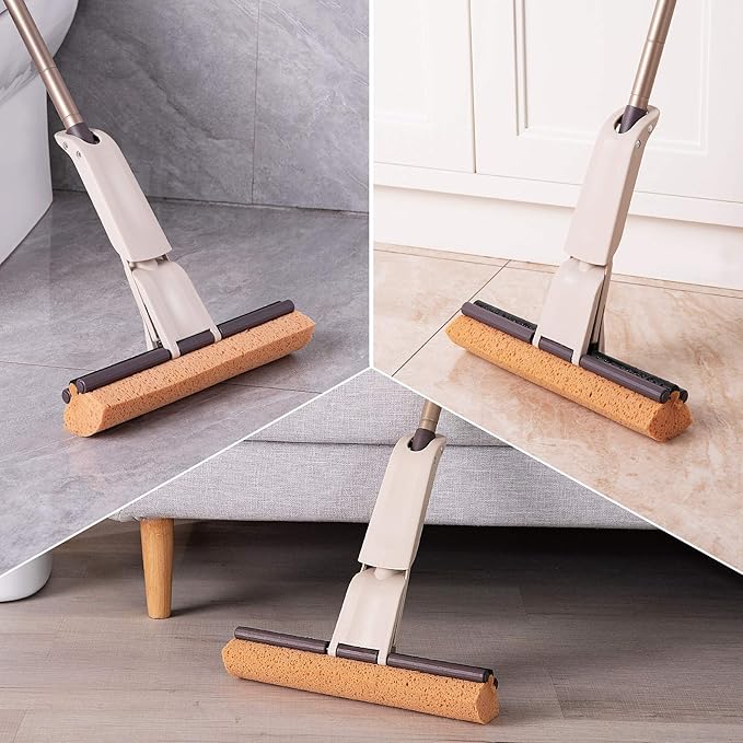 Eyliden Sponge Mop with 1 Extra Reusable Absorbent Sponge Refills, Easy Squeeze, Self Wringing Mops for Kitchen Bathroom Office Hardwood Laminate Tile Marble Ceramic Floors Cleaning