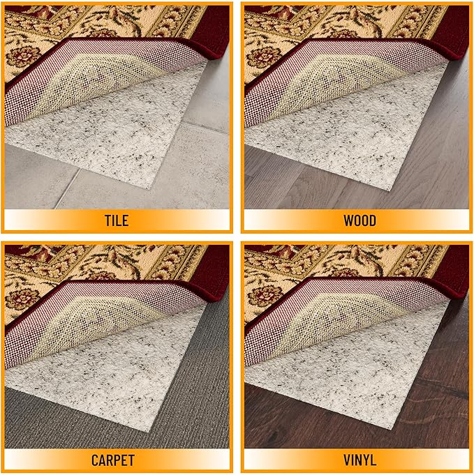 Ottomanson 5' x 7'8" Non-Slip Rug Pad Gripper 1/12 Inch Ultra Thin Dual Surface Felt + Rubber Gripper - Safe for All Floors, Cream