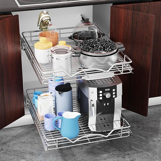 HOLDN’ STORAGE Two Tier Pull Out Cabinet Organizer, Individual Sliding Drawers - Heavy Duty Metal with Lifetime Limited Warranty - Anti Rust Chrome Finish - 28" W x 21”D x 16.5" H