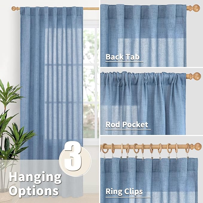 YoungsTex Denim Blue Linen Curtains 36 Inches Long for Bathroom Window, Small Drapes Light Filtering with Rod Pocket Back Tab Ocean Style for Kitchen Cafe Windows, 2 Panels, 42 X 36 Inch