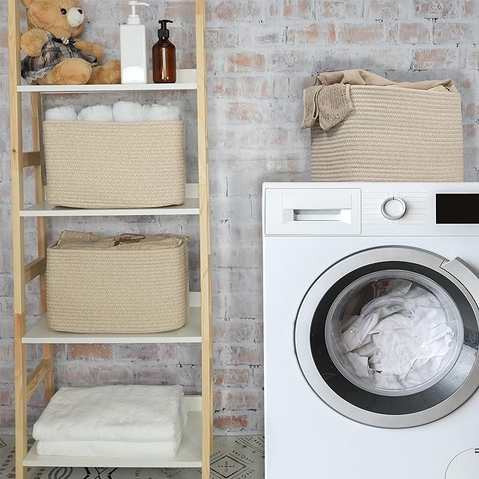 Rope storage Basket Bins Woven Basket for Organizing Shelves Rectangle Decorative Baskets For storage Clothes Toys Books Towels Square Wicker Nursery basket organizer 3 pack Oatmeal