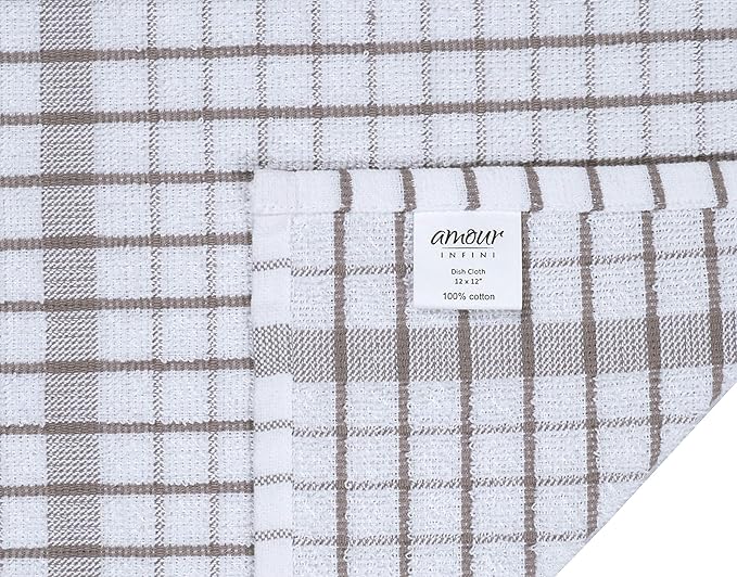 AMOUR INFINI Kitchen Dish Cloths Set of 8 - Ultra Soft, Highly Absorbent, Quick-Drying Terry Cotton Dishcloths 12"x12" Inch Wash & Cleaning Cloths for Kitchen & Dishwashing (Beige)