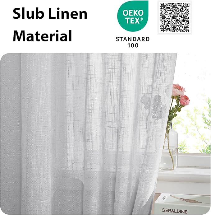 NICETOWN Linen Door Curtains 40 Inches Long, Dual Rod Pocket Semi Sheer Sidelight French Door Curtains for Kitchen Glass with Tieback for Privacy Protection, W26 x L40, 1 Panel, Light Grey