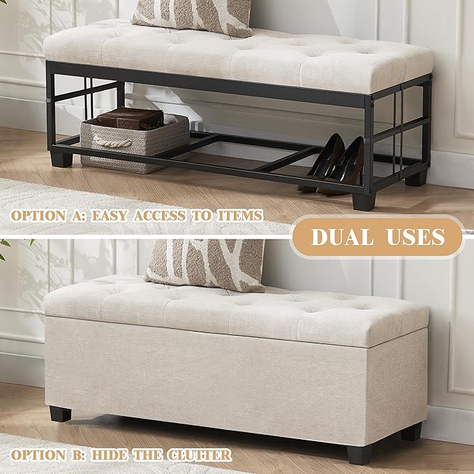 43’’ Storage Ottoman Bench, Linen Entryway Benches Load up to 660 Lb, Modern End of Bed Benches for Bedroom, Ottoman with Storage Bench for Living Room, Beige
