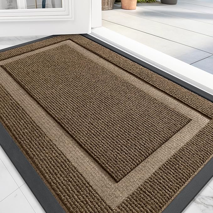 OLANLY Front Door Mat Indoor Outdoor Entrance, Waterproof All-Season, All-Weather Doormat, Sturdy Natural Rubber, Fade Resistant, Low Profile, Easy Clean Patio Porch Entryway Mat, 29.5x17, Brown