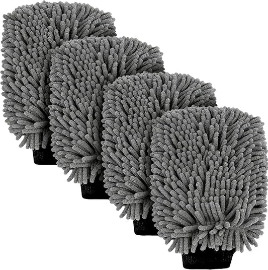 Car Wash Mitt Microfiber, Premium Chenille Microfiber Wash Car Mitts Sponge Scratch Free & Lint-Free, Mitts Waterproof Lining 4 Pack Gray(8''X12'')