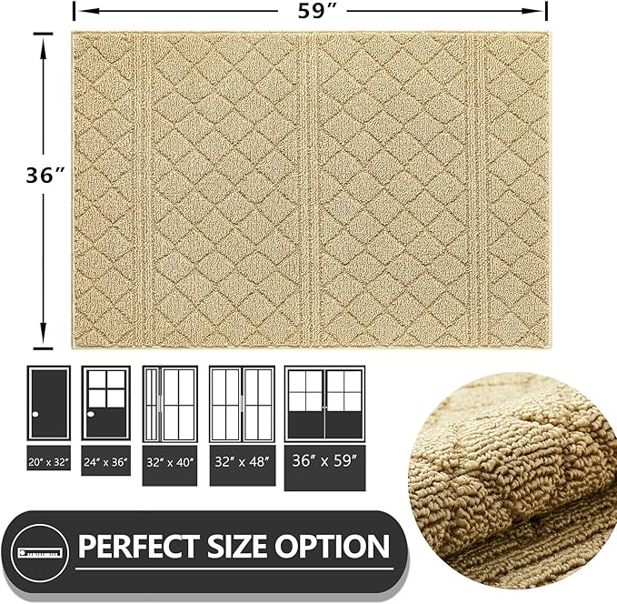 REFETONE Indoor Doormat, Front Back Door Mat 36"x59" Absorbent Rubber Backing Non Slip Door Mats, Low-Profile Resist Dirt Entrance Rugs, Machine Washable Door Rug Inside Floor Mat for Entryway, Beige