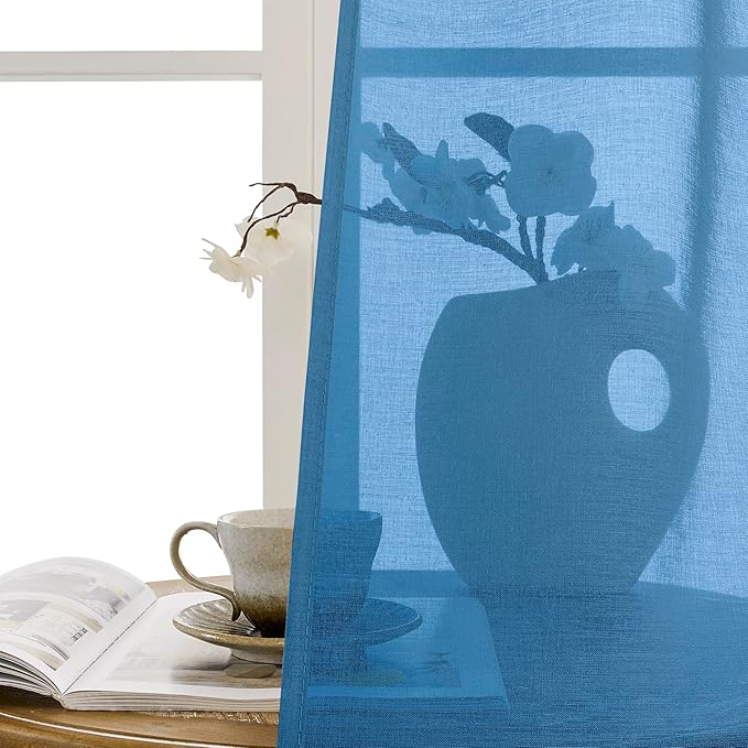 Tollpiz Small Sheer Door Curtain Closet Linen Textured Curtain Sheers Doorway Light Filtering Voile French Door Rod Pocket Curtains Patio Glass Door, 25 x 40 inches Long, Classic Blue, Set of 1 Panel