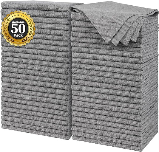FIXSMITH Grey Microfiber Cleaning Cloth, Pack of 50, 16"X12" Cleaning Rags for Housekeeping and Kitchen, Reusable Shop Towels, Microfiber Towels for Cars, Lint Free, Scratch-Free, Highly Absorbent