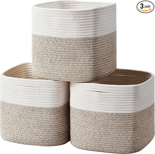 3 Pack Storage Cubes 11 Inch Cotton Rope Woven Baskets for Organizing Cube Bin Square Shelves Organizer,Classroom,Kids Toy Bins,Closet,Baby Nursery(Brown)