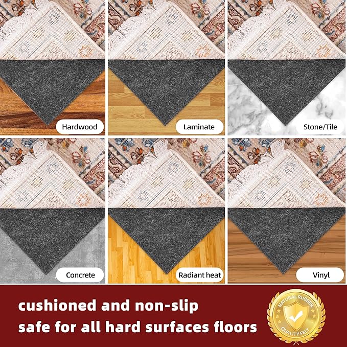 BAGAIL Felt and Natural Rubber Backing Rug Pads 1/4” Thick, 6 x 9 Ft Non Slip Carpet Gripper Keep Rugs in Place, Under Area Rug Protective Cushioned Pads, Carpet Runners, Hardwood Floors Protection