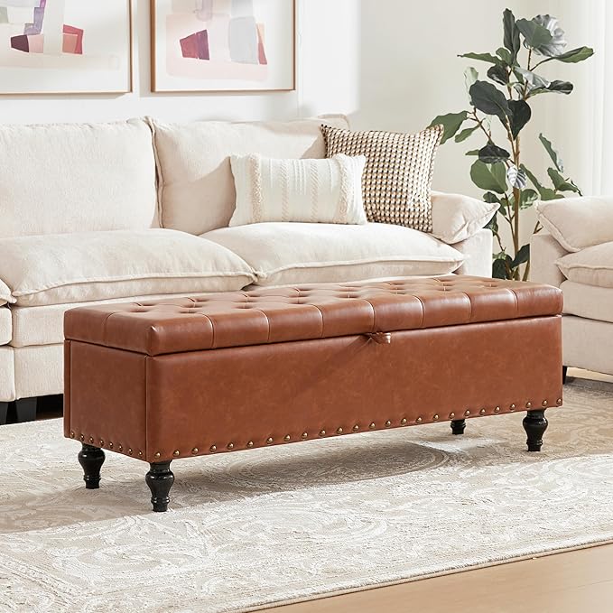 51.8’’ Storage Ottoman Bench, Faux Leather Ottoman with Storages, Window Benches Holds up to 330lbs, Upholstered Storage Bench for Bedroom, Living Room, Entryway and Family Room, Brown