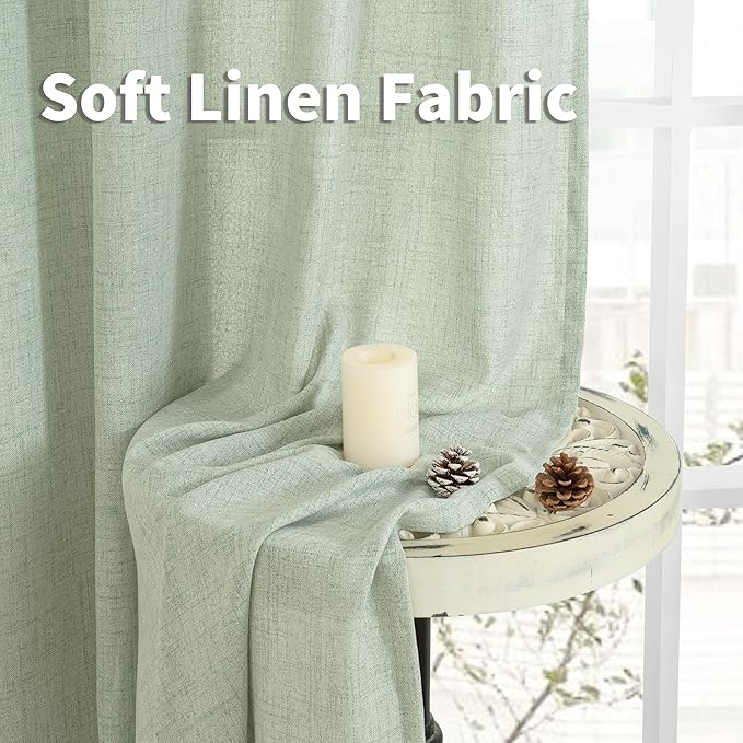 YoungsTex Sage Green Short Linen Curtains 48 Inch Length for Kitchen, Semi Sheer Small Window Drapes Rod Pocket Back Tab Light Filtering for Living Room Cafe Spring Decor, 2 Panels, 42 X 48 Inch