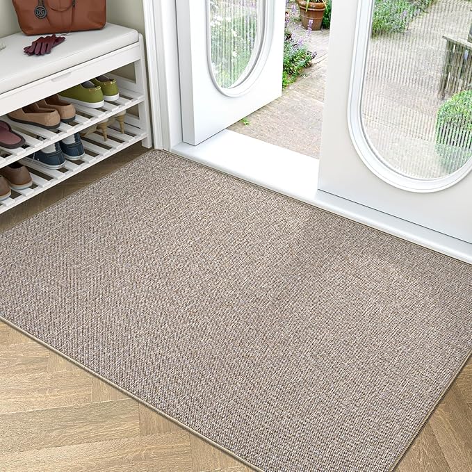 LUMI Ultra Thin Door Mat for Entryway, 32"x48" Low Profile Non Slip Rubber Backing Indoor Doormat, Easy Clean Welcome Entrance Mat for Inside House, Patio, Khaki