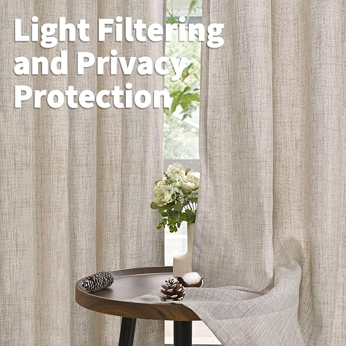 YoungsTex Short Linen Curtains 54 Inches Long for Living Room, Light Filtering Rod Pocket Burlap Textured Window Drapes with Back Tab for Kitchen Bedroom Bathroom Rustic, 52 X 54 Inch, 2 Panels