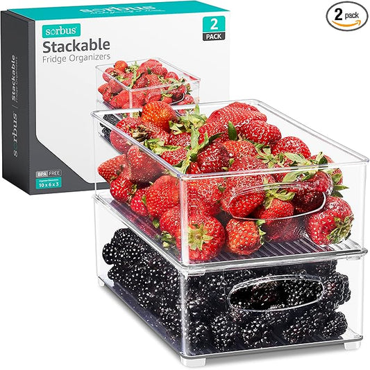 Sorbus Stackable Refrigerator Organizer Bins - Clear Storage Bins for Kitchen Pantry, Freezer & Fridge Organization - Food Organizing Plastic Containers with Handles for Countertops & Drawers (2 Pack)