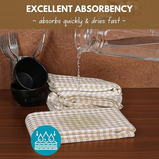 Native Fab 6 Pack Gingham Mini Check Kitchen Hand Towels Set - 100% Cotton Absorbent Reusable Washable 16"x26" - Quick Drying Dish Towels with Hanging Loops for Kitchen, Home, Bar, Beige White