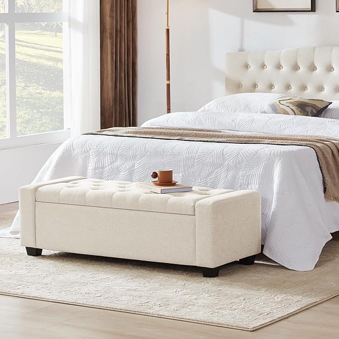 48" Ottoman with Storage, Storage Ottoman Bench with Safety Hinge, Upholstered Entryway Bench with Seating for Bedroom, Living Room, Holds up to 330 lb, Beige