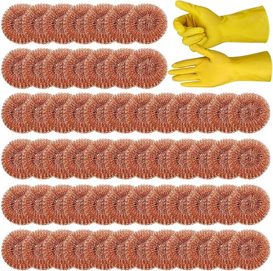 Hushee 50 Pack Copper Coated Scourers Rust Resistant Scrubbing Scouring Pad with 1 Pair of Rubber Household Cleaning Gloves Heavy Duty Copper Mesh Scourer for Dishes, Pots, Pans, and Ovens