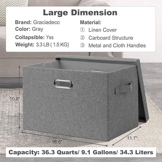 Large 17" 36 Quart Collapsible Stackable Storage Bins with Lids, 1 Pack Grey Foldable Fabric Closet Storage Boxes with Lids, 4 Handles Heavy-duty Linen Cube Baskets for Bedroom