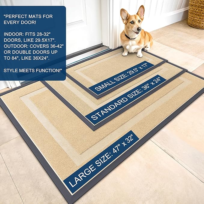 OLANLY Front Door Mat Indoor Outdoor Entrance, Waterproof All-Season, All-Weather Doormat, Sturdy Natural Rubber, Fade Resistant, Low Profile, Easy Clean Patio Porch Entryway Mat, 59x35, Beige
