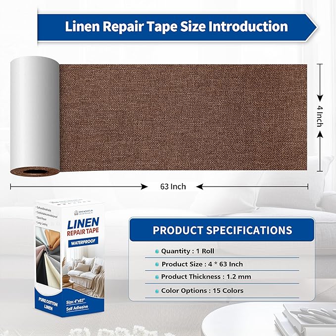 KING MOUNTAIN Linen Repair Patches, Self-Adhesive Linen Fabric Patches, 4 X 63 inch Extra Size, Multi Color, Can be Used for Linen Sofa Repair and Linen Clothes Repair (Medium Brown)