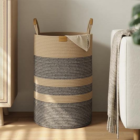 75L Striped Laundry Hamper with Leather Handles,Large Foldable Laundry Basket for Clothes,Cotton Rope Storage Bin for Blankets,Woven Clothes Basket for Bedroom,Dark Brown Stripes