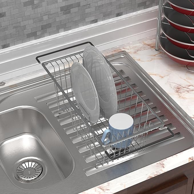 Simple Houseware Over Sink Counter Top Stainless Steel Dish Drainer Drying Rack, Chrome