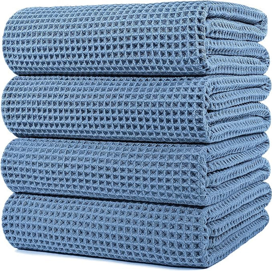 POLYTE Microfiber Oversize Quick Dry Lint Free Bath Towel, 60 x 30 in, 4 Pack (Waffle Weave)